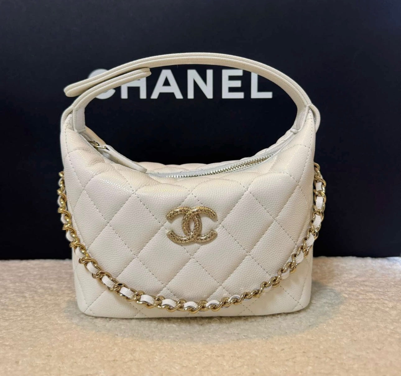 Coming Soon! White Chanel Caviar Quilted Hobo Clutch With Chain