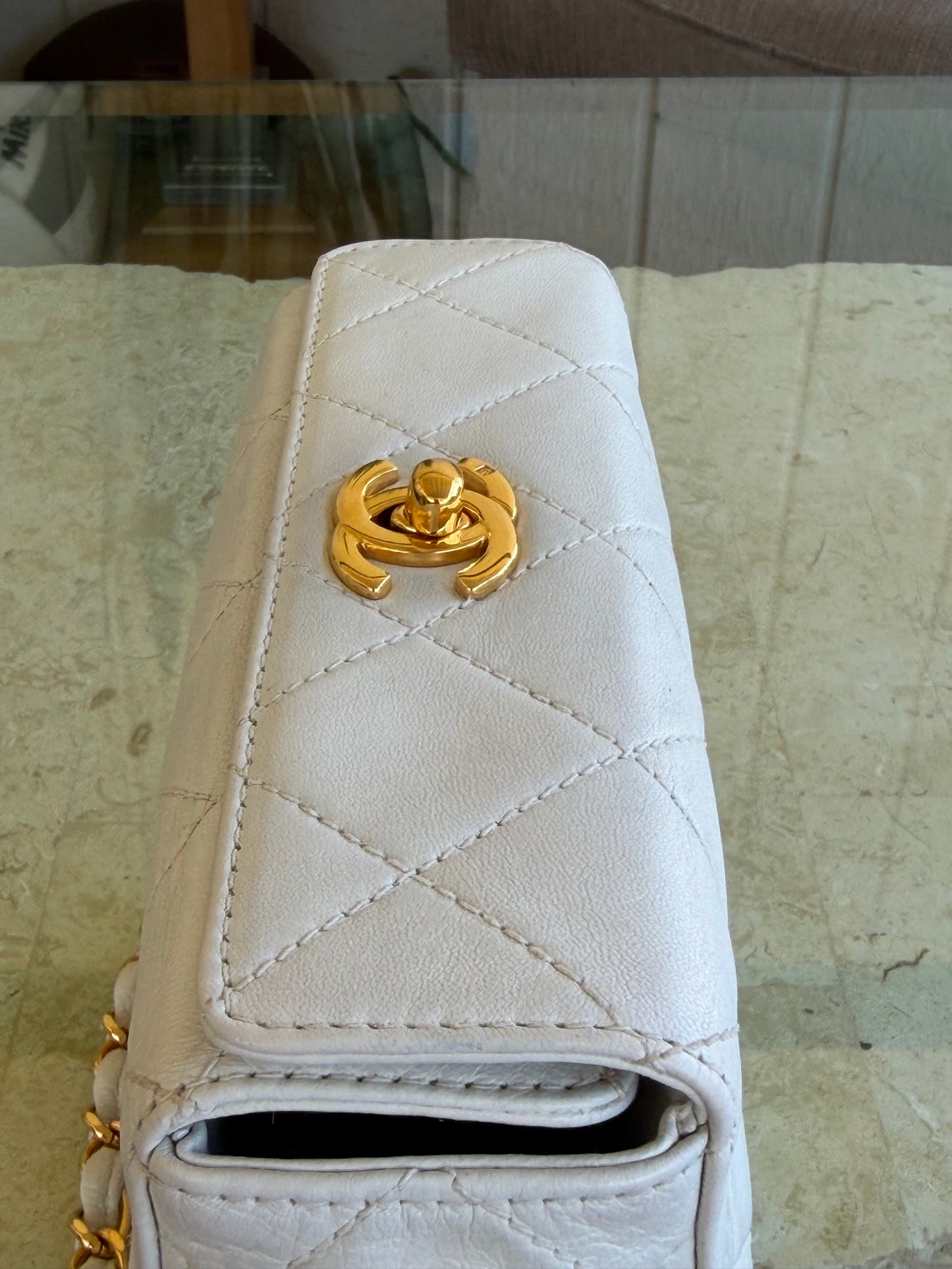 Rare Vintage Chanel White Lambskin Quilted shoulder Bag